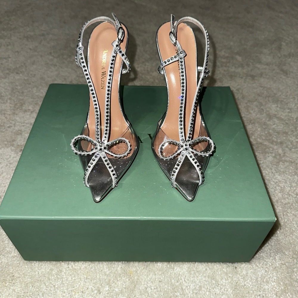 Andrea Wazen Silver Crystal Bow Slingback Heels